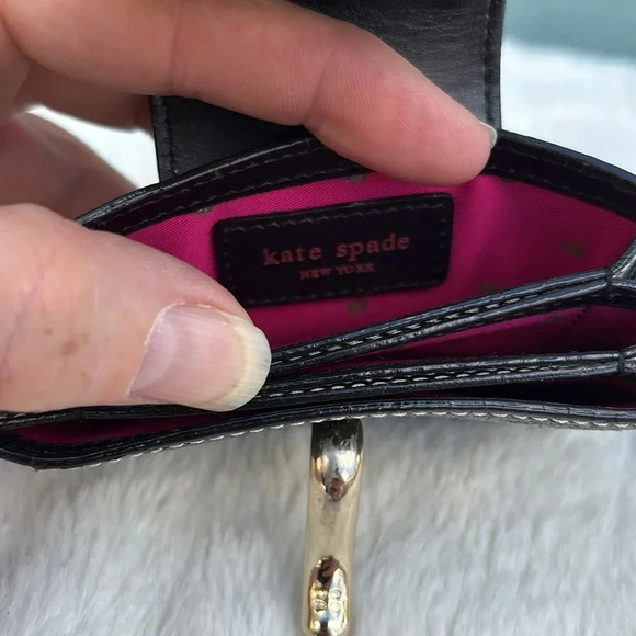 EUC Kate Spade Small Card Holder Black Leather Wallet Accordion Silver - Picture 2 of 4